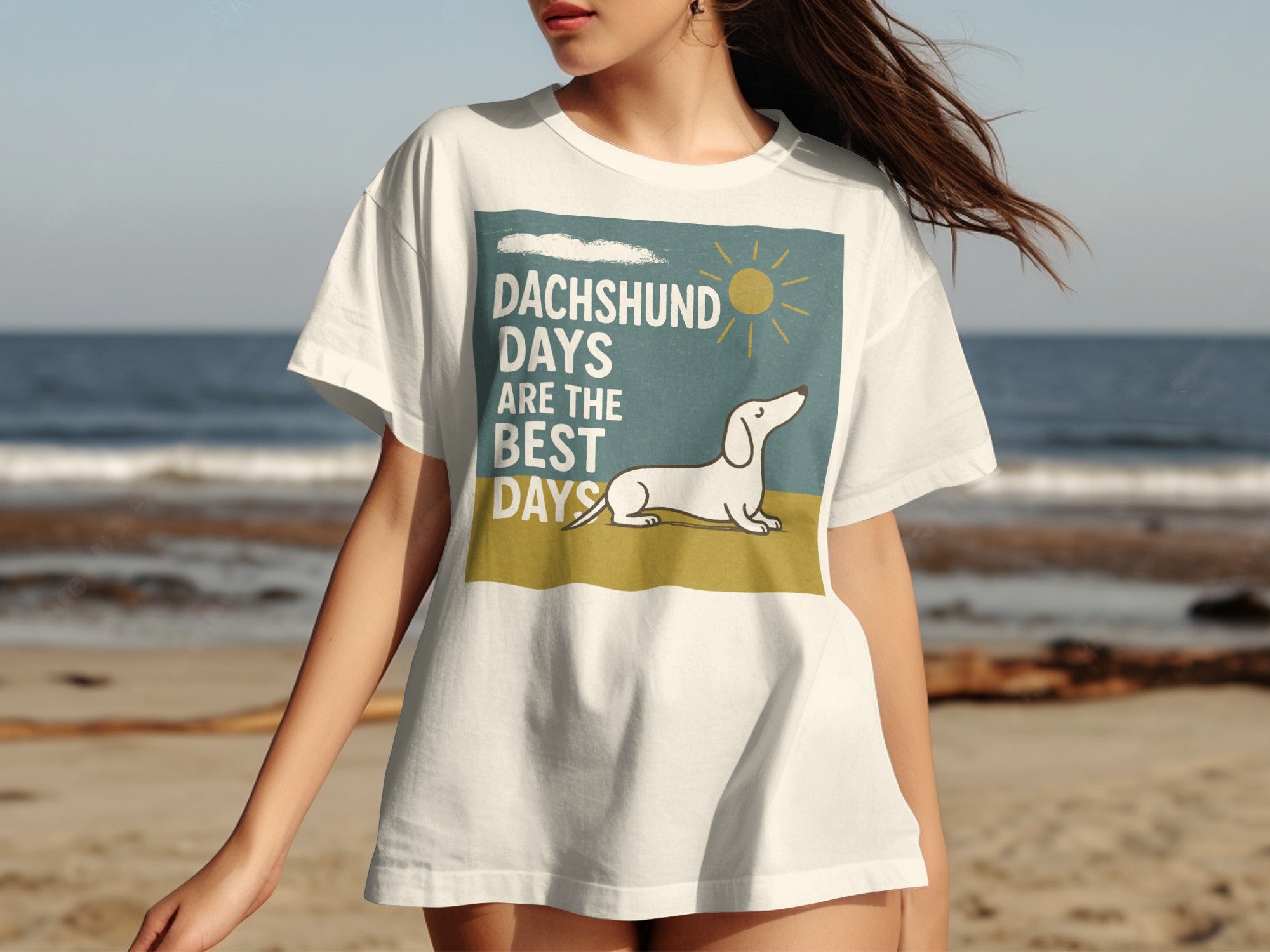 White t-shirt with graphic: "Dachshund Days Are The Best Days" and a dachshund.