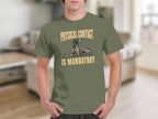 Green t-shirt with dog lying down and text "PHYSICAL CONTACT IS MANDATORY".