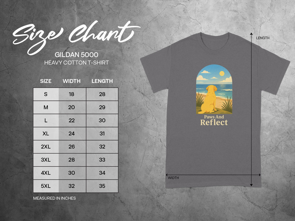 GILDAN 5000 size chart for heavyweight cotton t-shirt with dog graphic.