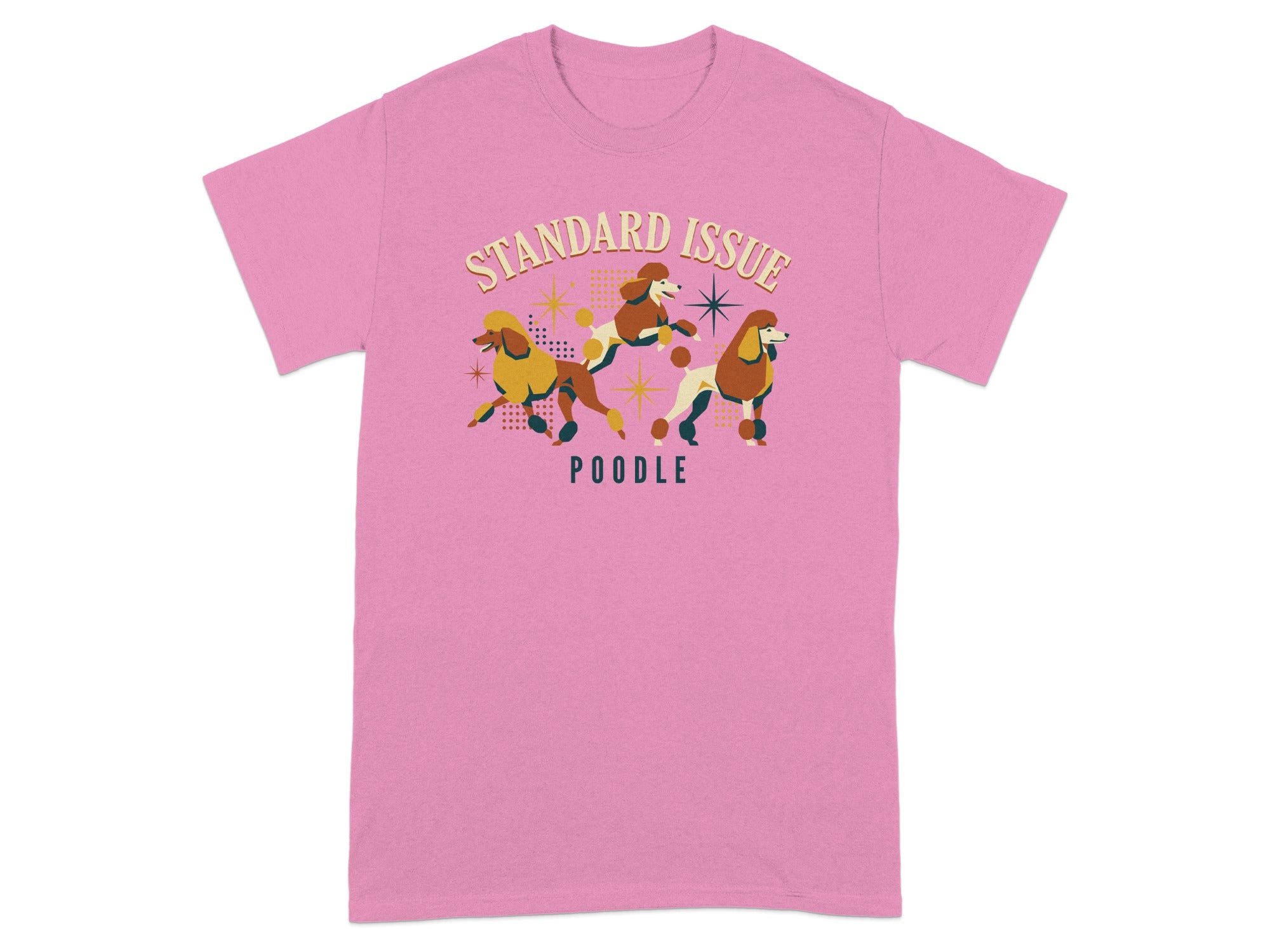 Pink t-shirt with stylized poodles and "STANDARD ISSUE POODLE" text.
