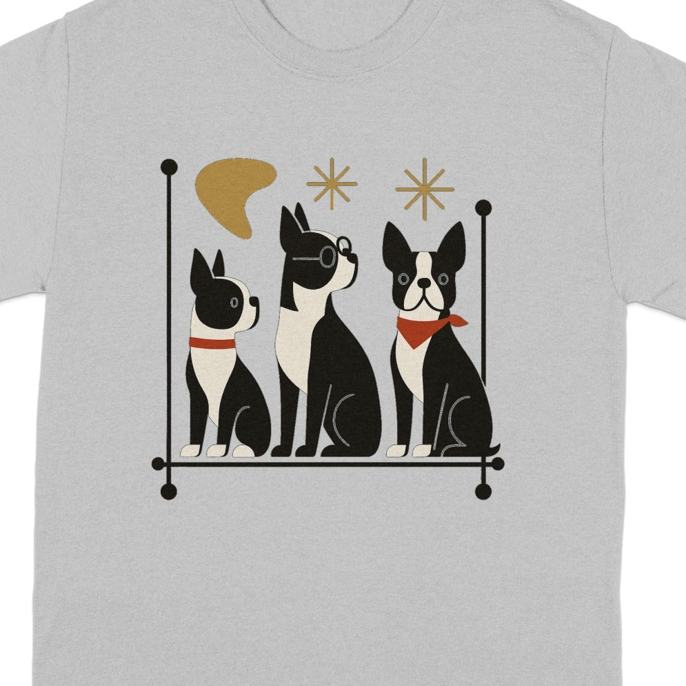 Three Boston terriers in a minimalist style with retro design elements.