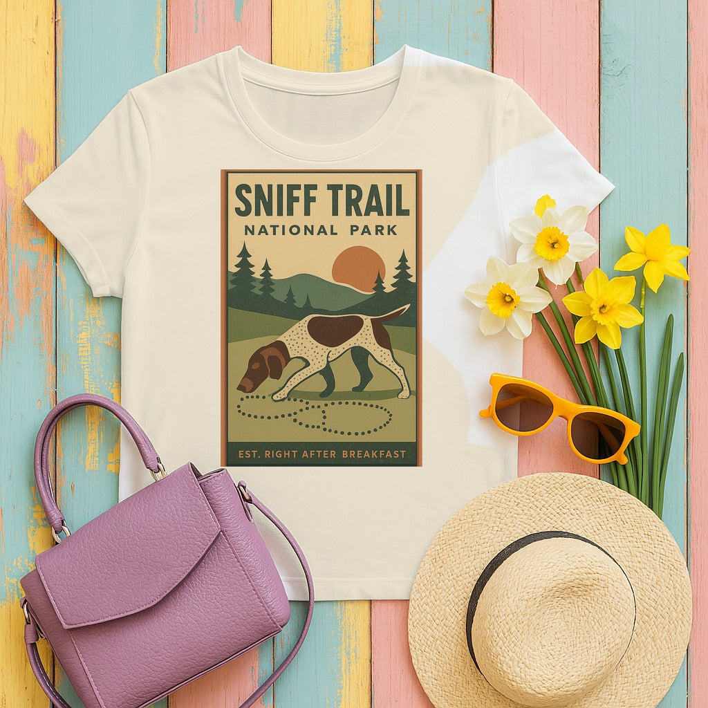 German Shorthaired Pointer Sniff Trail National Park Tee styled flat lay on Natural