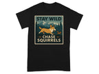 Black t-shirt with "Stay Wild Chase Squirrels" text and cartoon corgi chasing a squirrel.