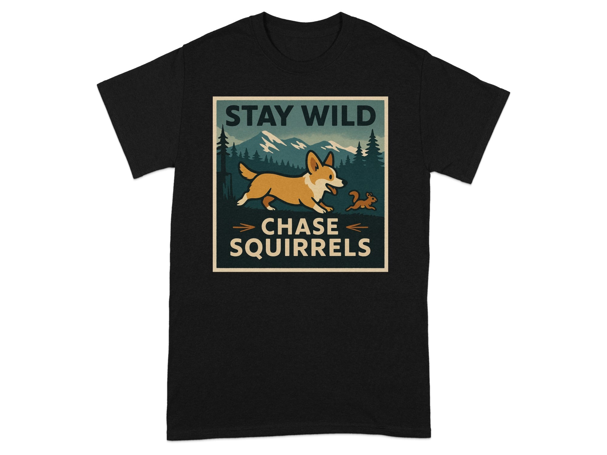 Black t-shirt with "Stay Wild Chase Squirrels" text and cartoon corgi chasing a squirrel.