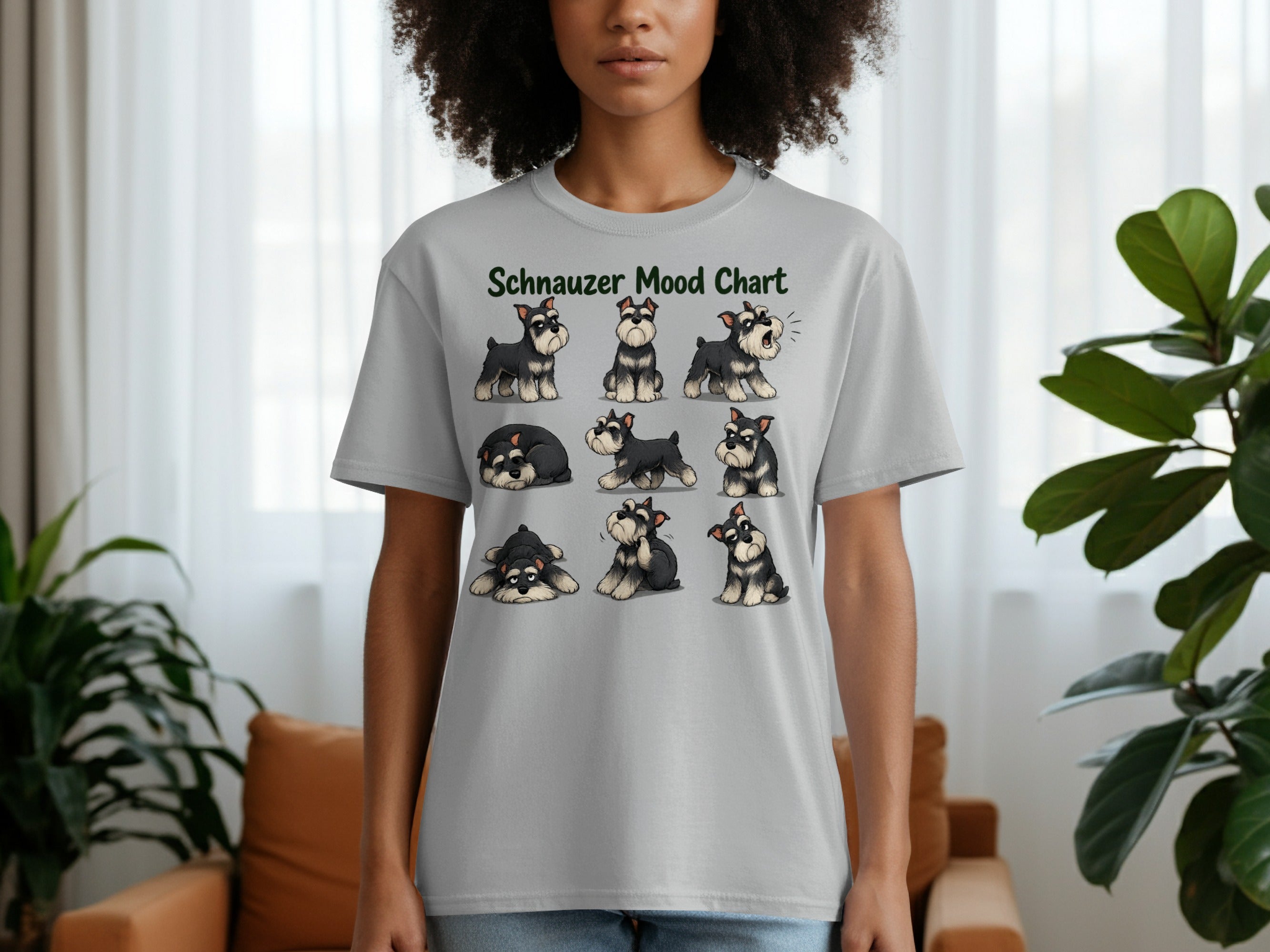 Gray t-shirt with "Schnauzer Mood Chart" and nine illustrations of schnauzers showing different emotions.