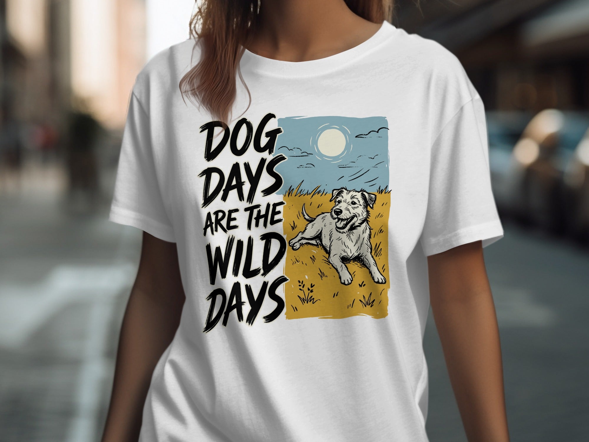 T-shirt with graphic: "DOG DAYS ARE THE WILD DAYS", a dog lying in grass.