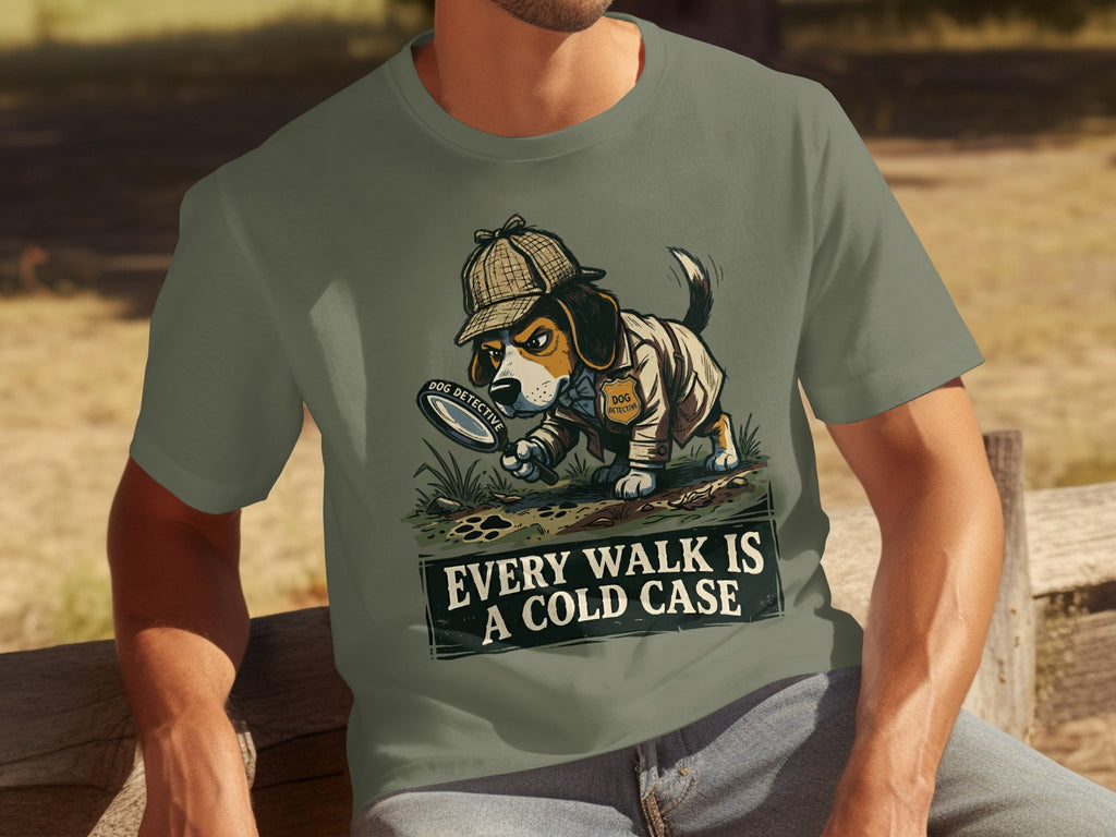Dog detective wearing a cap and coat holding a magnifying glass.