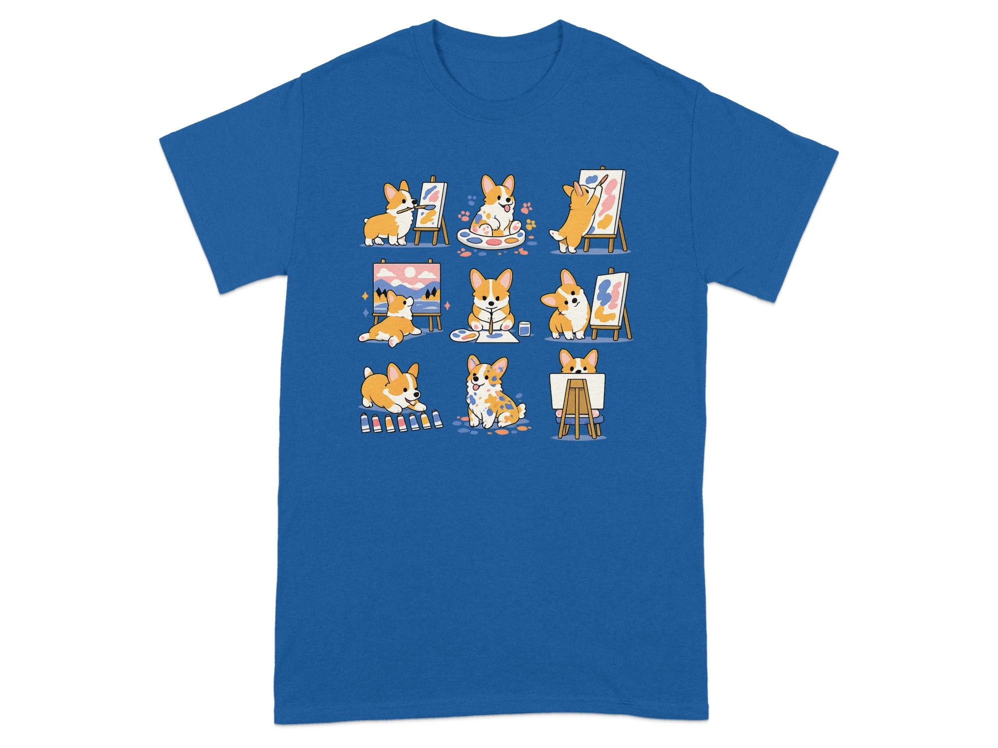 Cute corgi puppies paint by an easel in various playful poses.