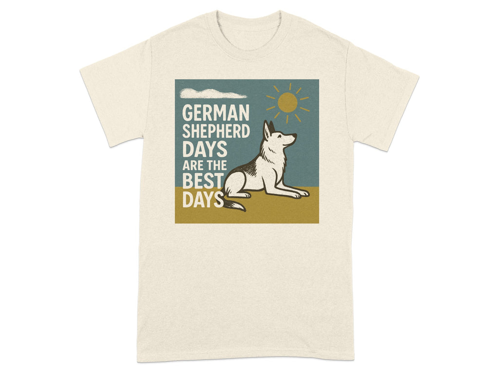 German Shepherd days are the best days text with dog and sun graphic.