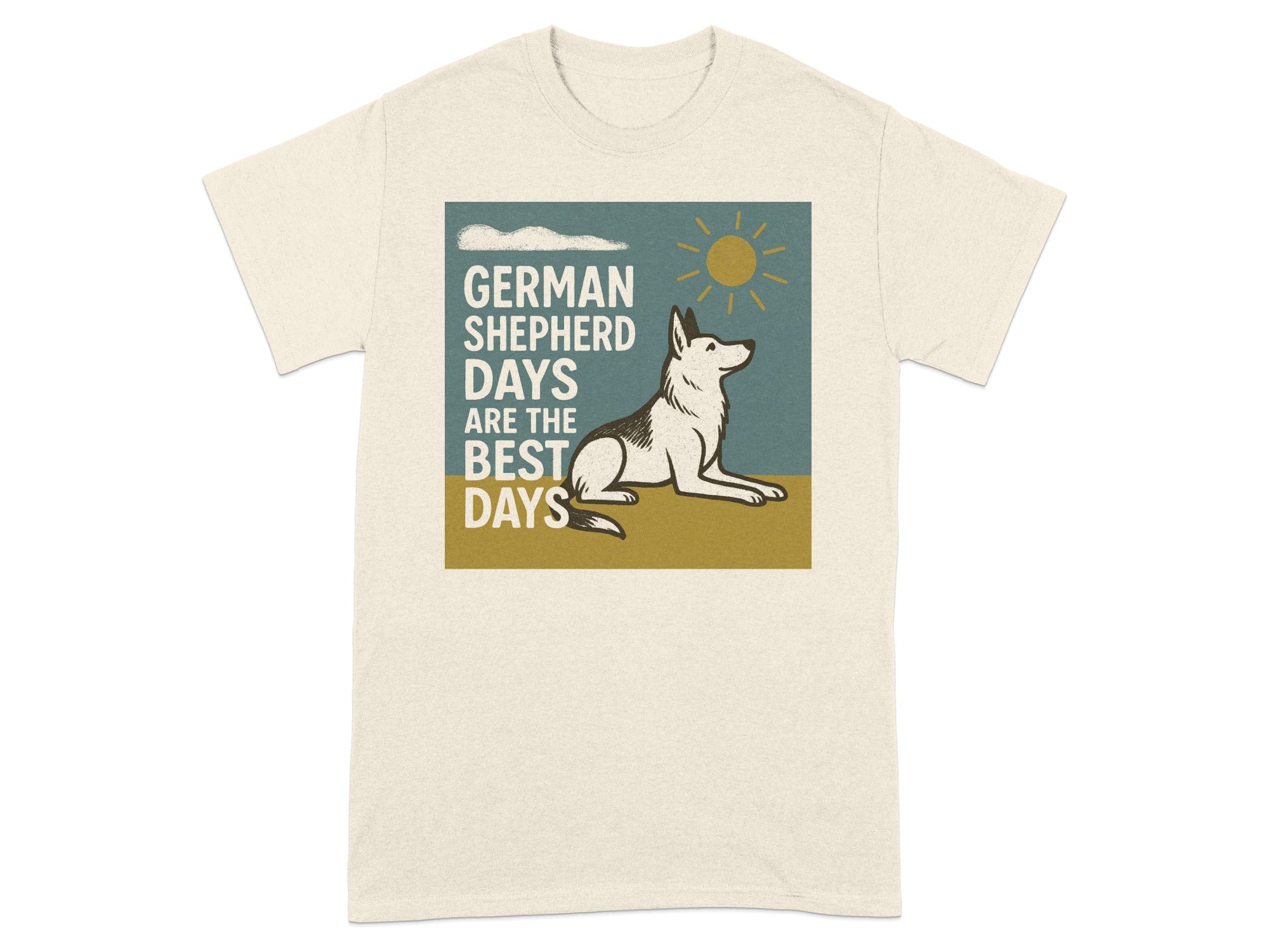 German Shepherd days are the best days text with dog and sun graphic.