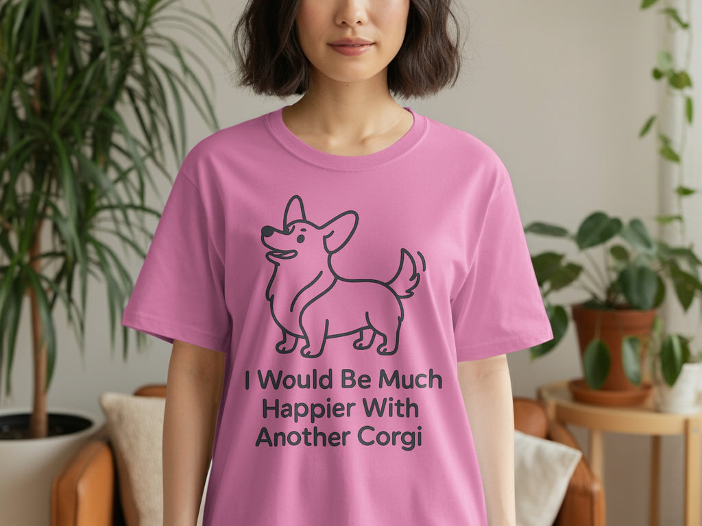 Pink t-shirt featuring a cartoon corgi and the text "I Would Be Much Happier With Another Corgi."