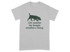 Grey t-shirt with a beagle silhouette and text "Life update: My beagle smelled a thing."
