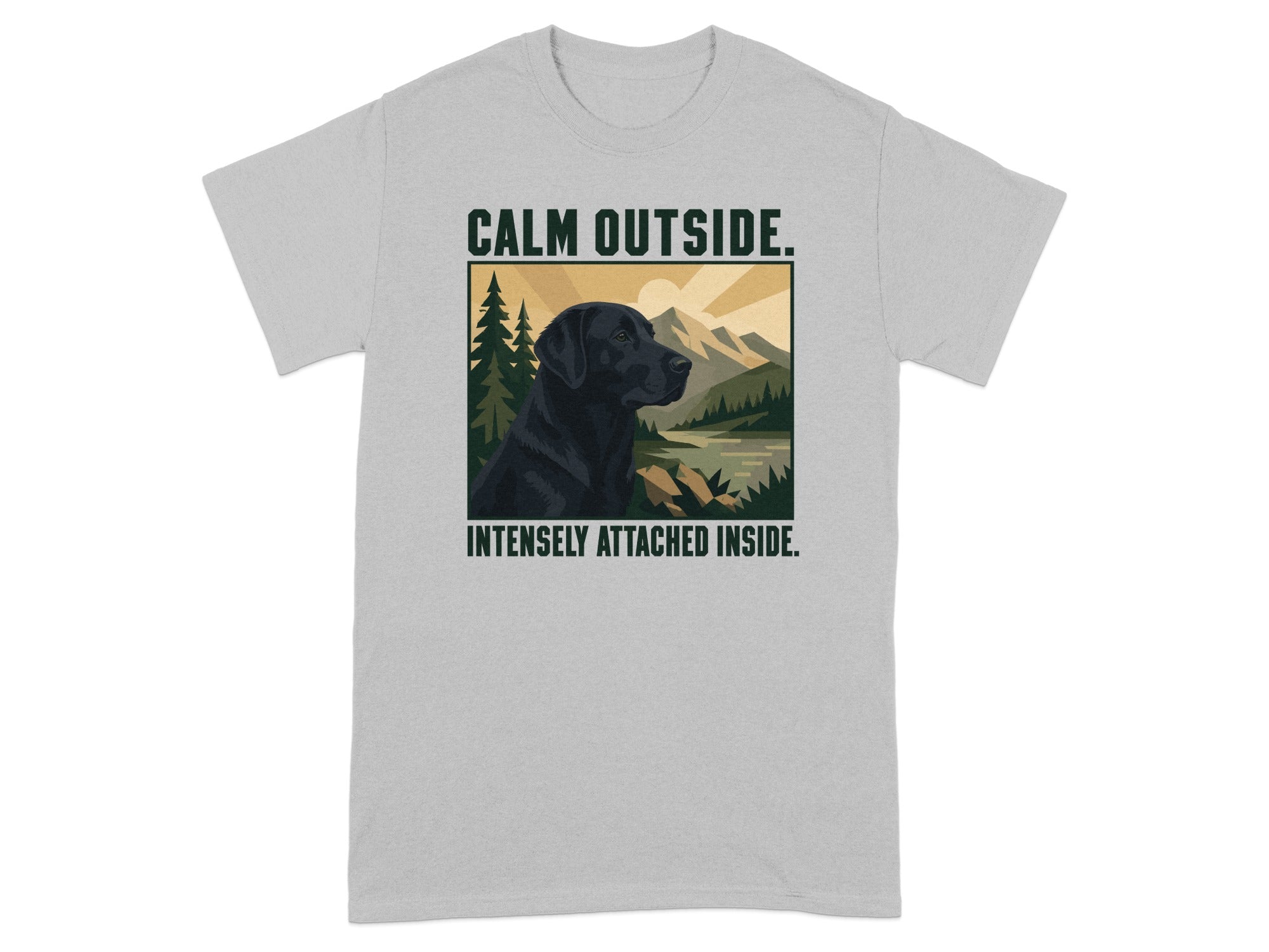 Black Labrador in a scenic landscape with text "CALM OUTSIDE. INTENSELY ATTACHED INSIDE."