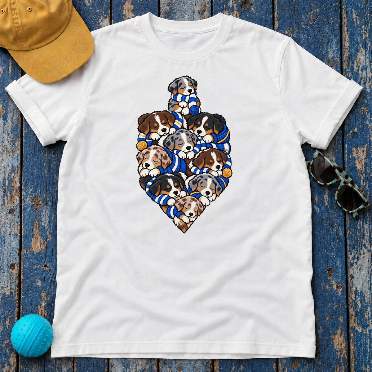 Australian Shepherd Hanukkah Dreidel t-shirt in White, flat lay
