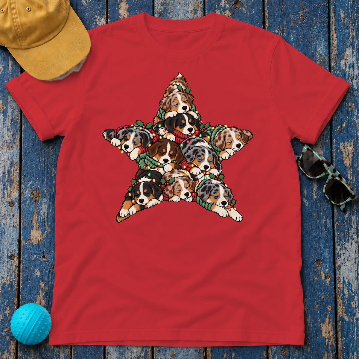 Australian Shepherd Christmas Star t-shirt in Red, flat lay