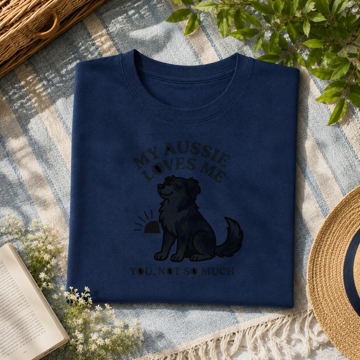 My Australian Shepherd loves me tee on a navy shirt, folded flat lay