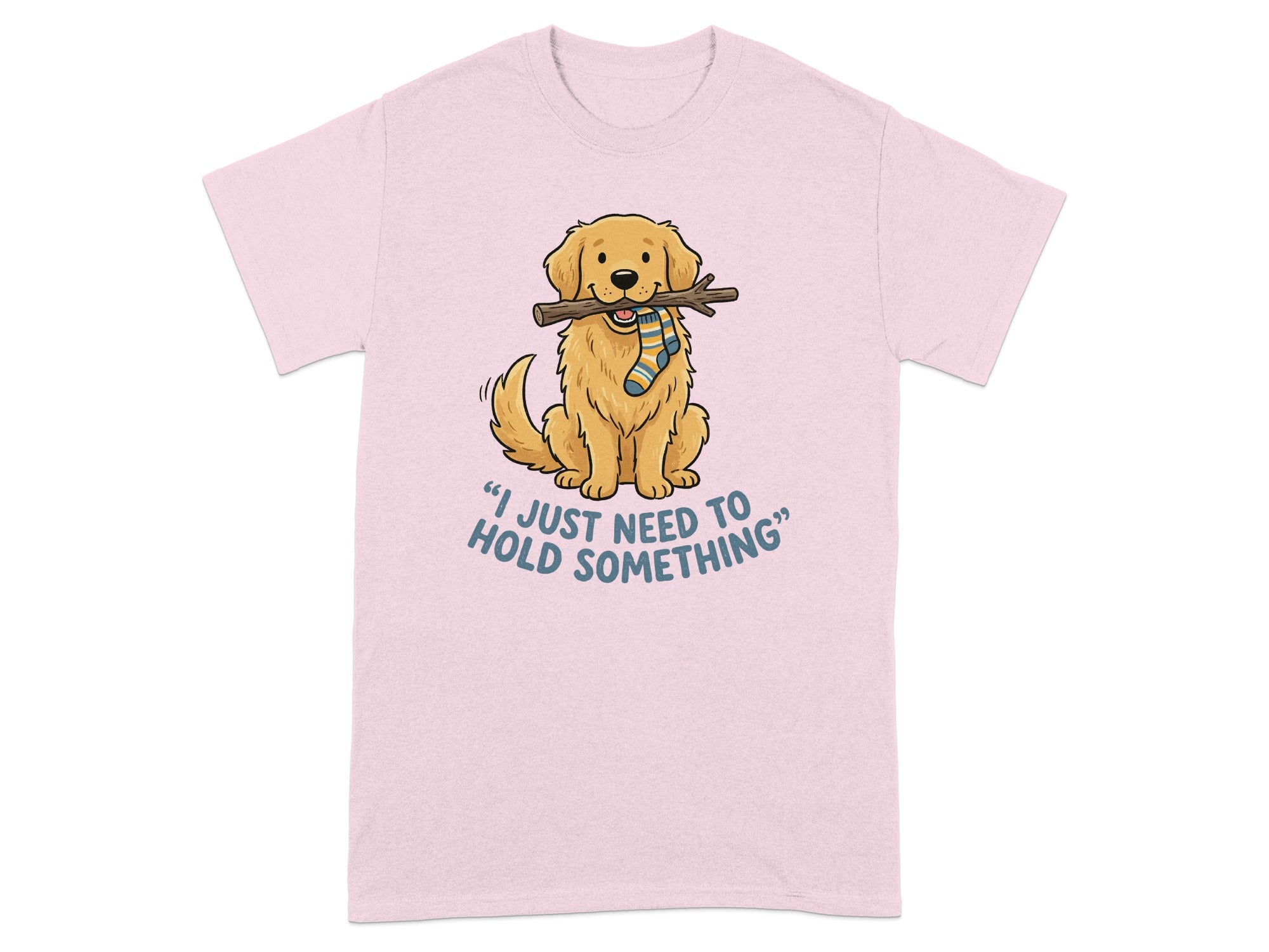 Golden retriever wearing a sock in its mouth holding a stick on a pink t-shirt.