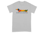 Grey t-shirt with colorful, segmented dachshund graphic and text.
