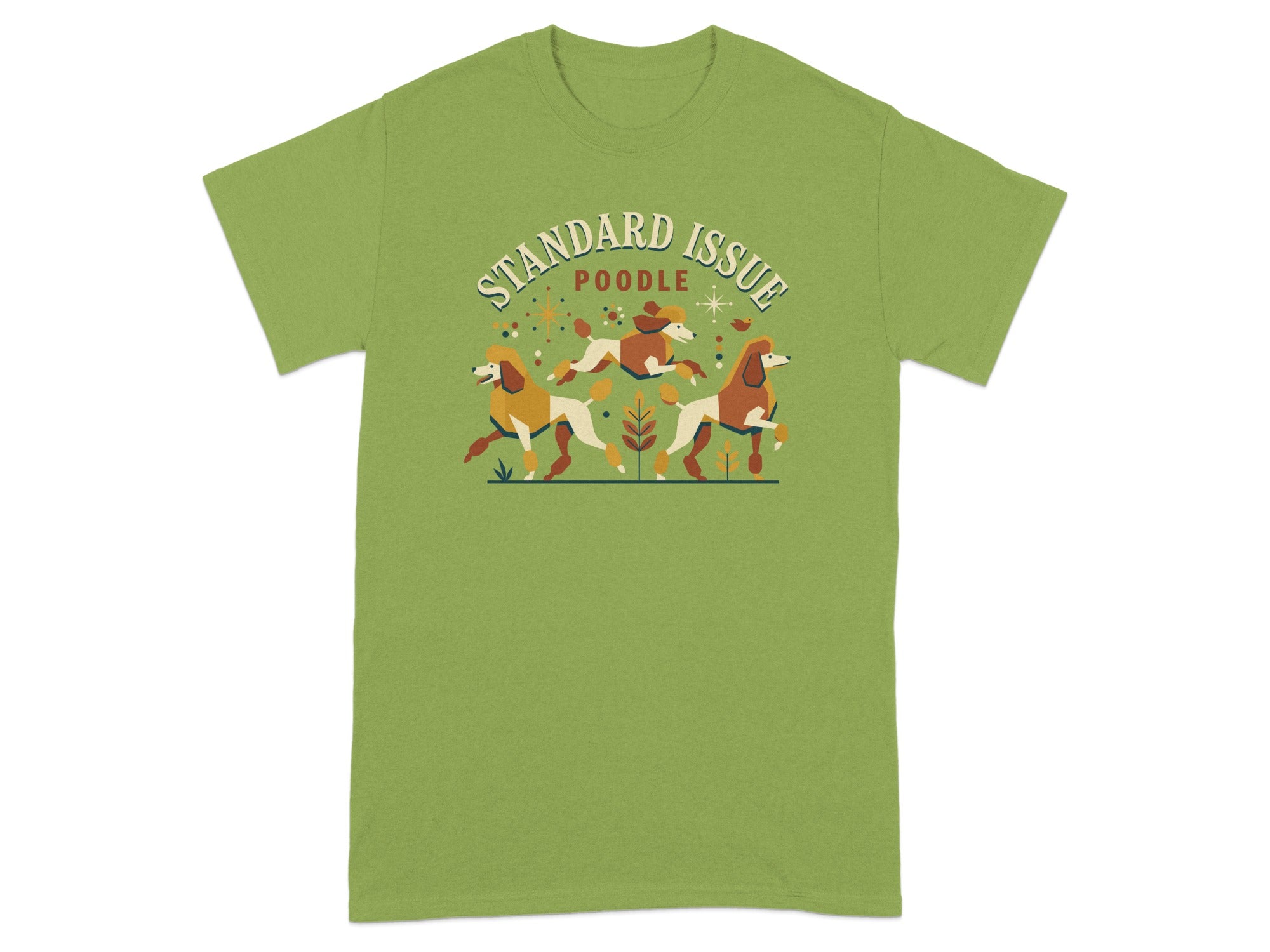 Green t-shirt with three poodles in a row and "Standard Issue Poodle" text.