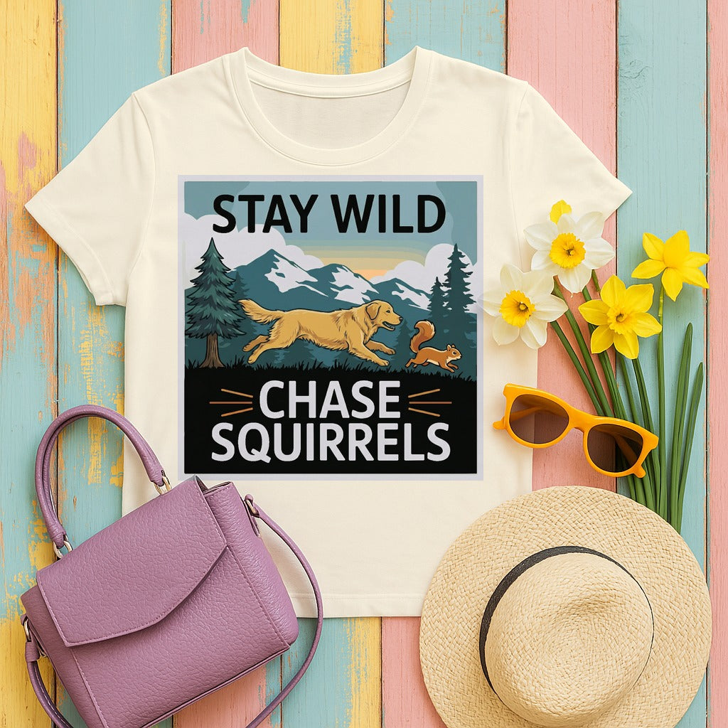 Stay Wild Chase Squirrels with Golden Retriever T-Shirt in Natural