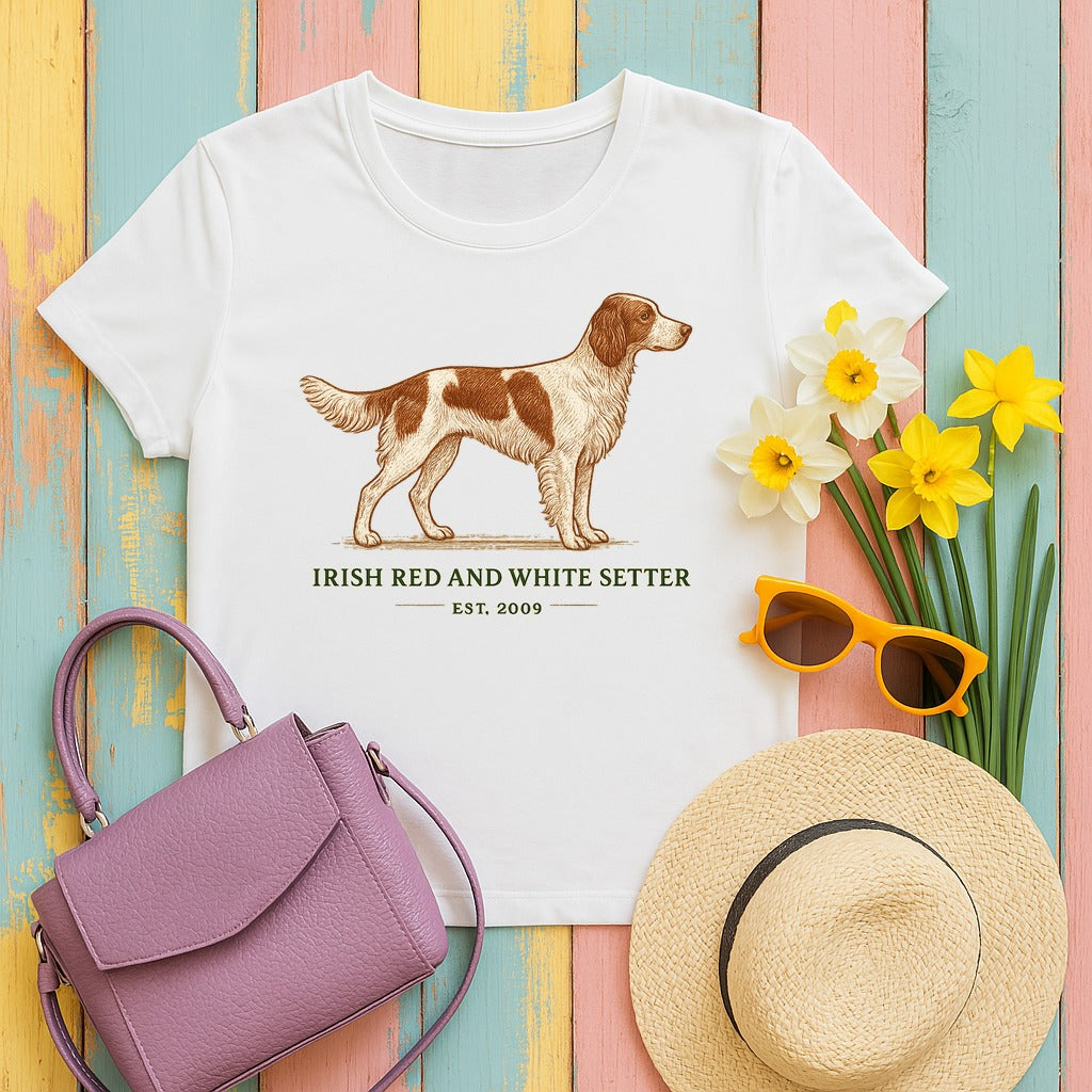Irish Red and White Setter Engraved Plate Tee in White