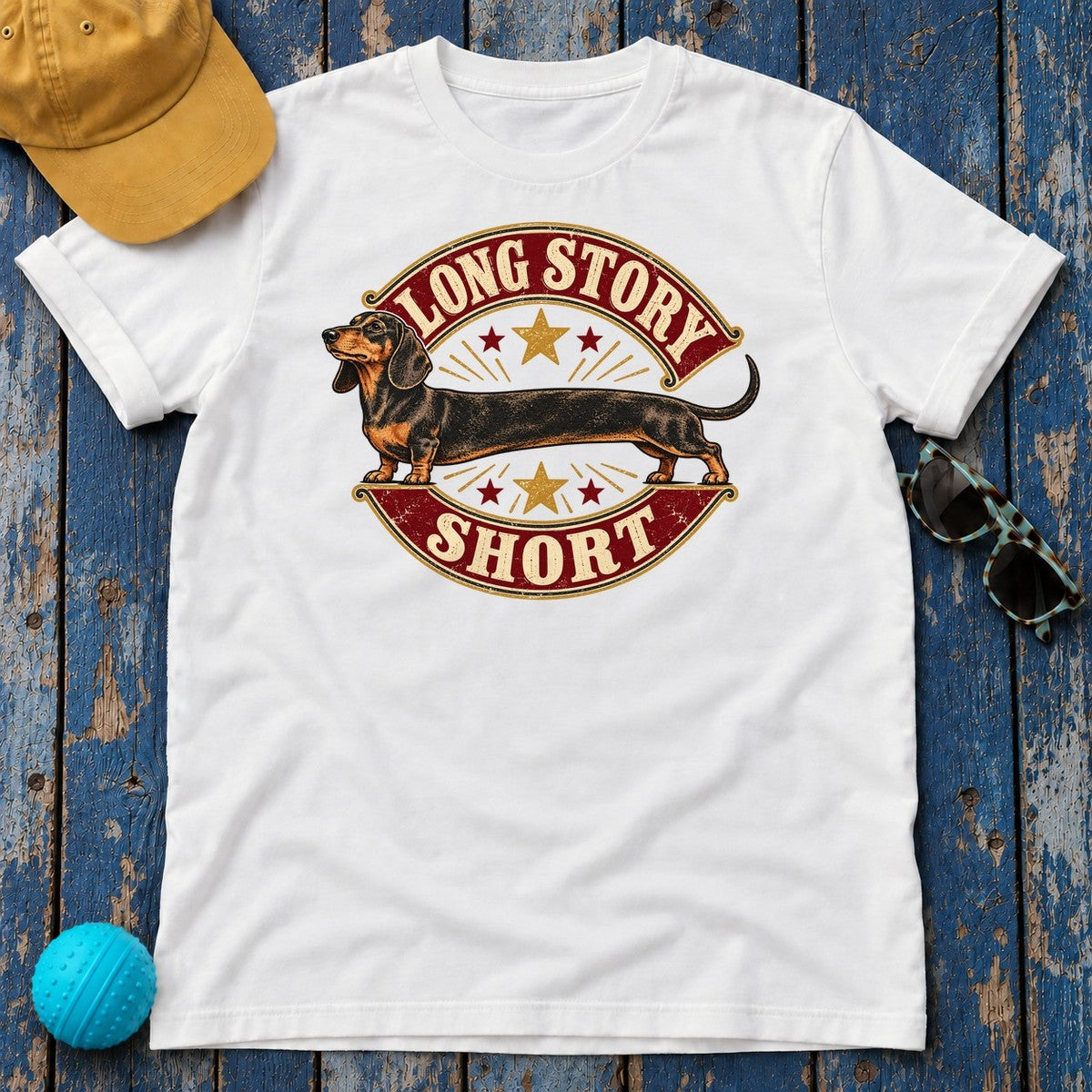 Long Story Short Dachshund T-Shirt in White - flat lay