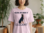 Pink t-shirt with a Doberman Pinscher and text "VELCRO, BUT MAKE IT ELEGANT".