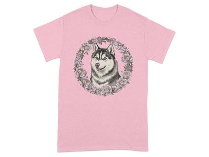Husky Dog with Floral Wreath Pink T-Shirt product