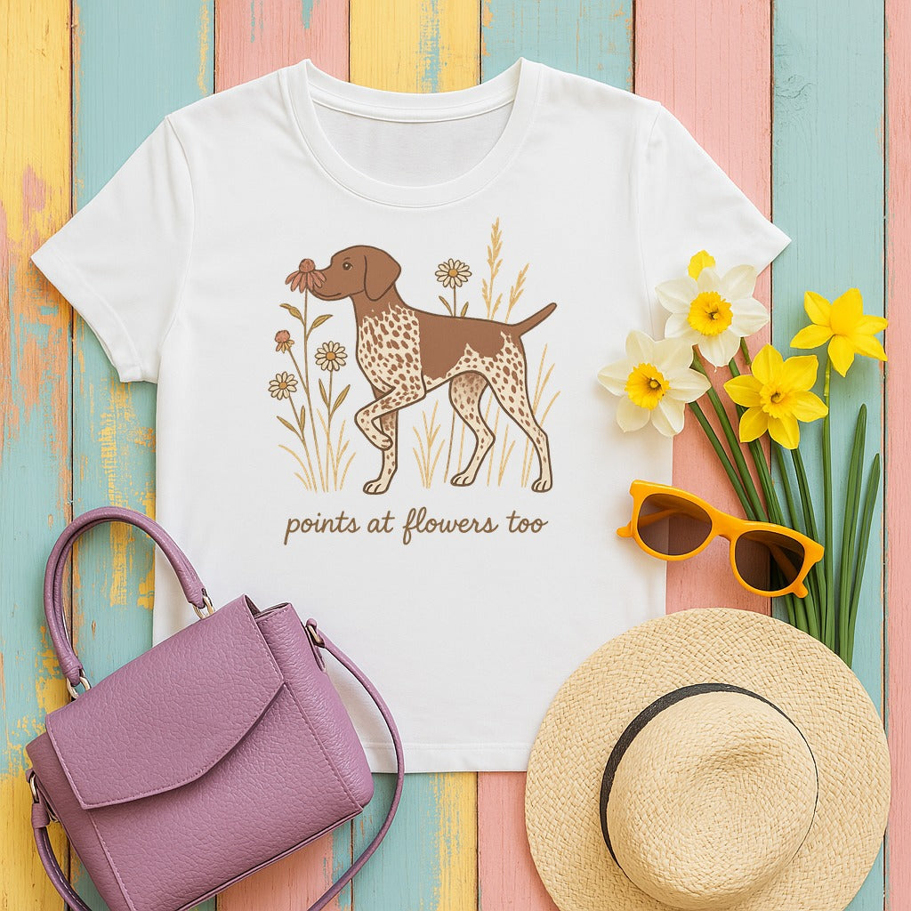 German Shorthaired Pointer Points at Flowers T-shirt in White