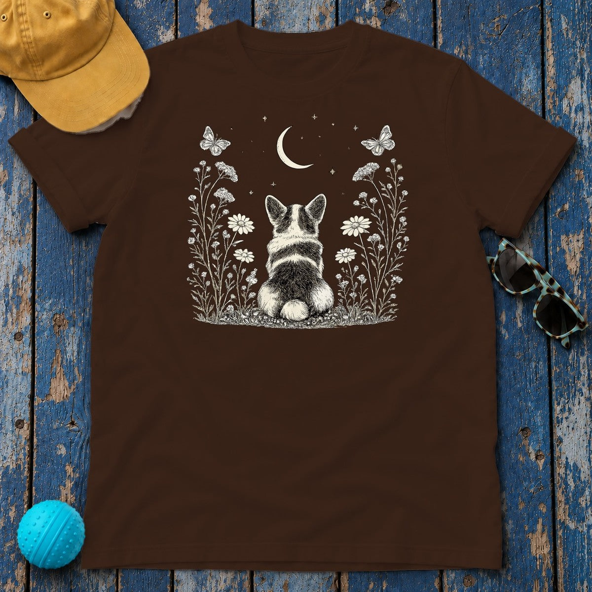 Ethereal Corgi Moon Gaze T-Shirt in Dark Chocolate
