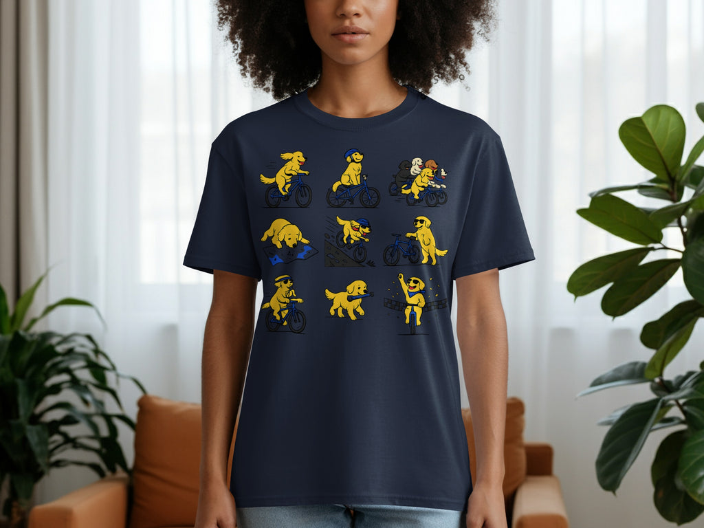 Dark navy t-shirt with a grid of cartoon golden retrievers riding bicycles.