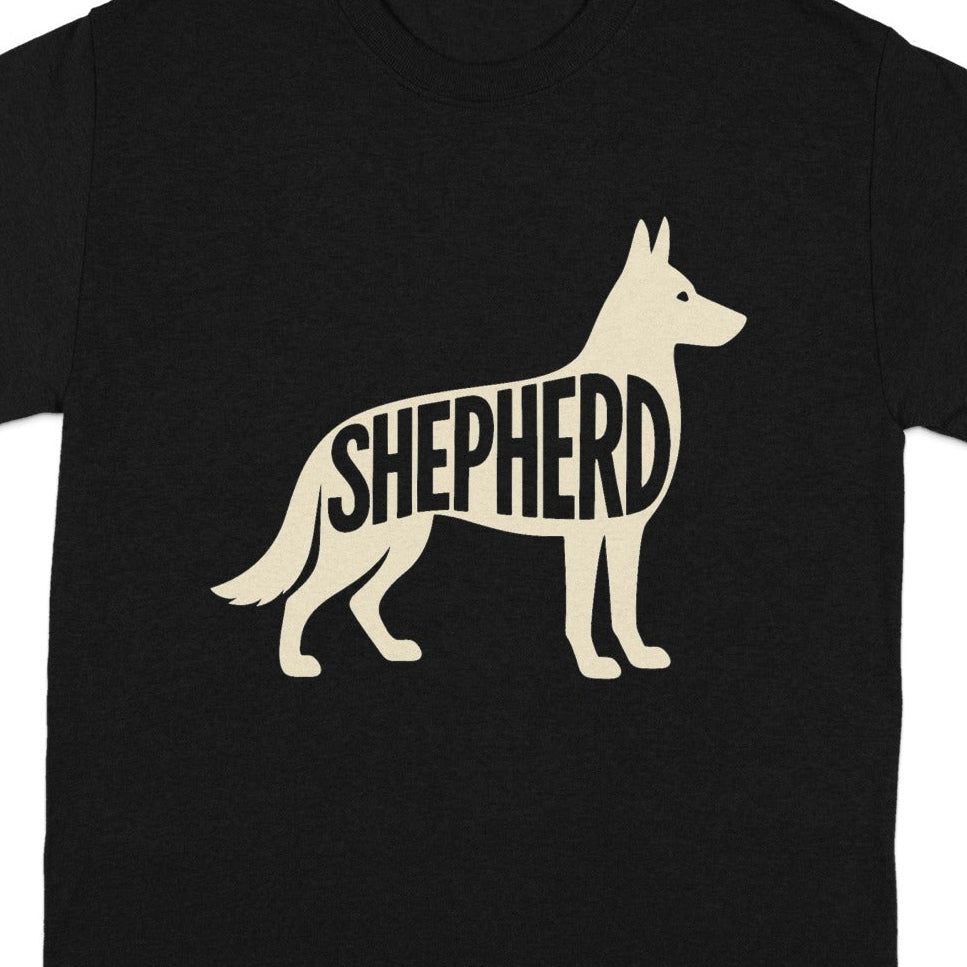 Black t-shirt with a cream silhouette of a German Shepherd containing the word "SHEPHERD".