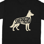 Black t-shirt with a cream silhouette of a German Shepherd containing the word "SHEPHERD".