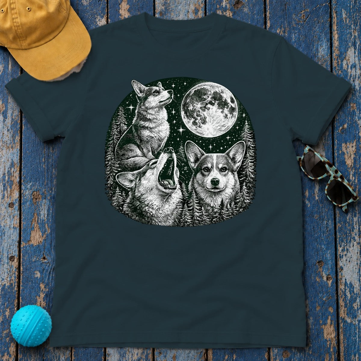 Mystical Corgi Moonlit Forest T-Shirt in Midnight