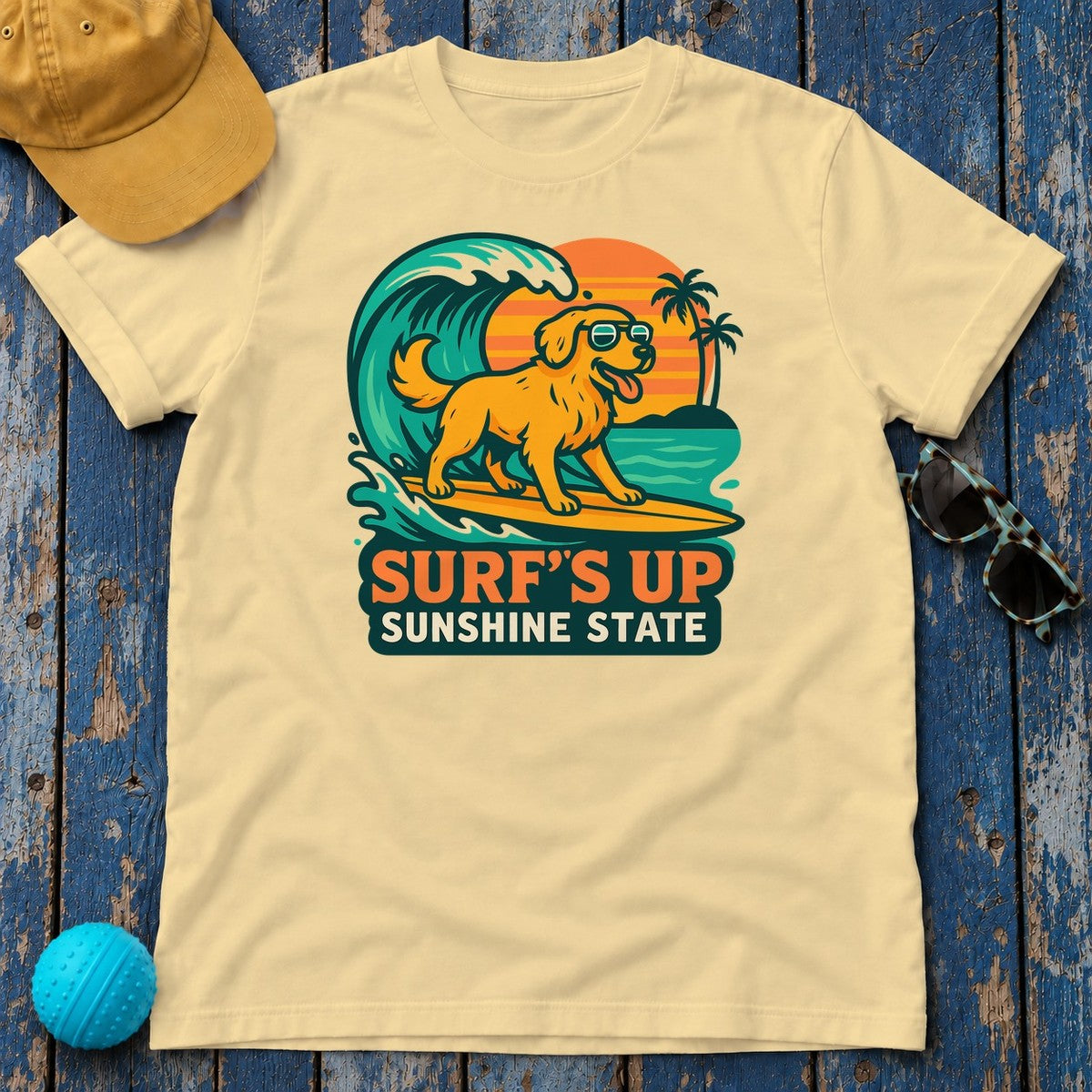 Surf's Up Sunshine State Golden Retriever Surfing T-Shirt in Yellow Haze