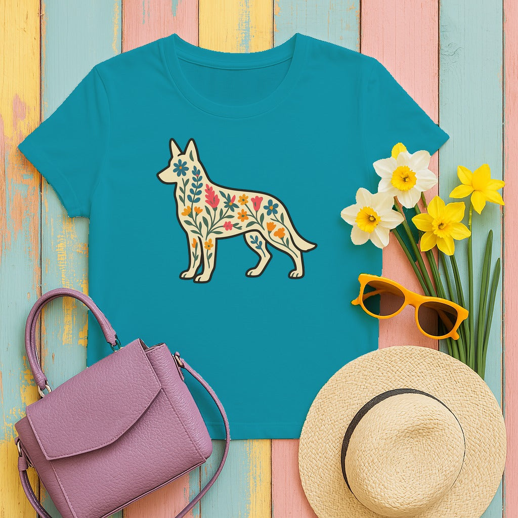 Floral German Shepherd T-Shirt in Tropical Blue