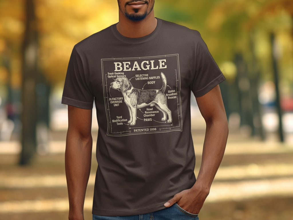 Beagle diagram t-shirt with labels for body parts and functions.