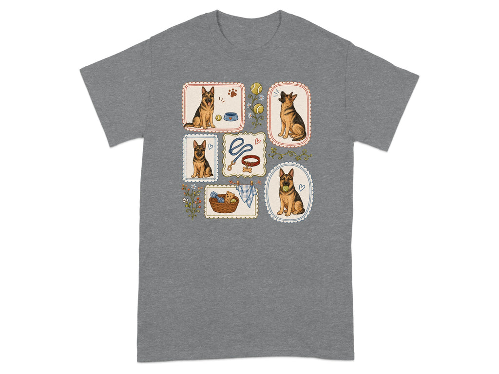 T-shirt with framed illustrations of German Shepherd dogs.