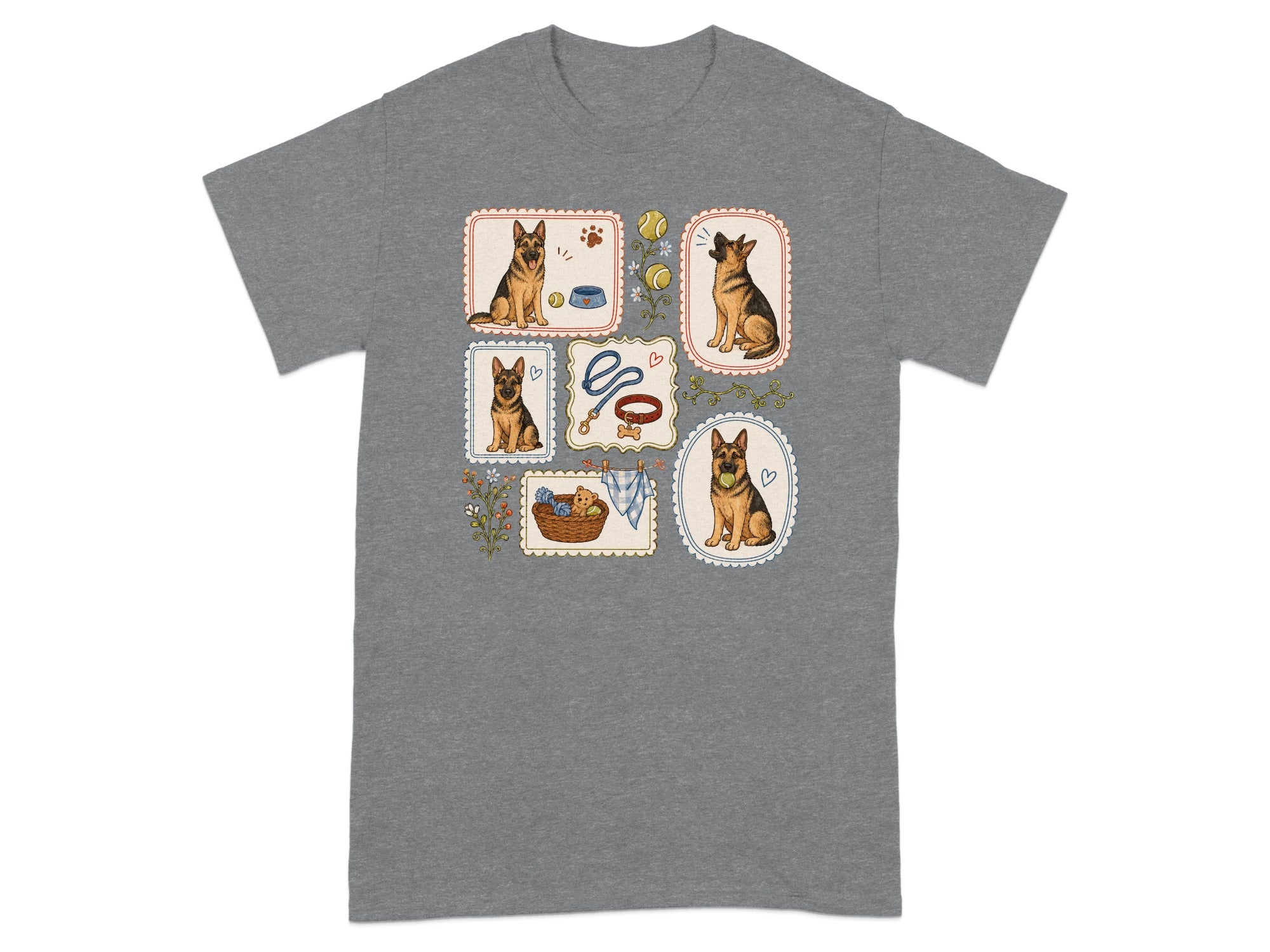 T-shirt with framed illustrations of German Shepherd dogs.