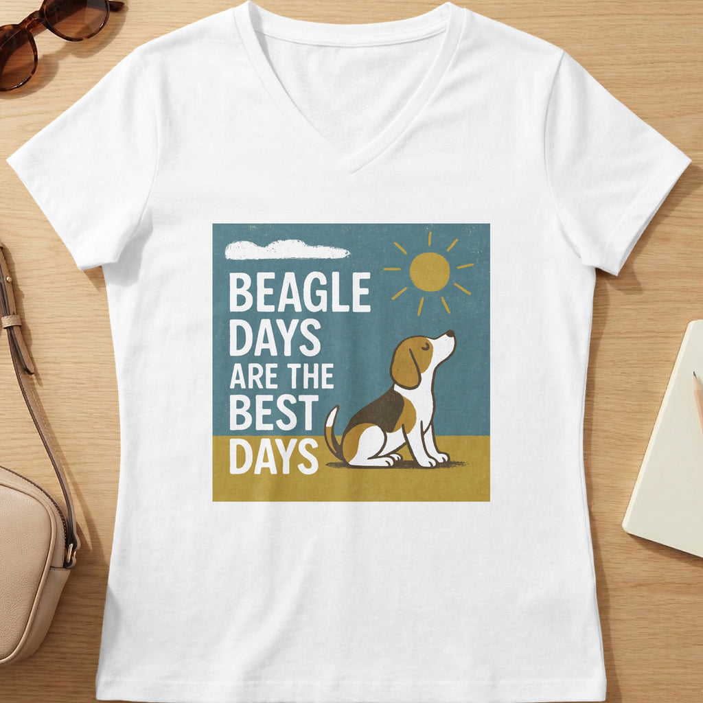 White t-shirt with "BEAGLE DAYS ARE THE BEST DAYS" text and a beagle dog graphic.