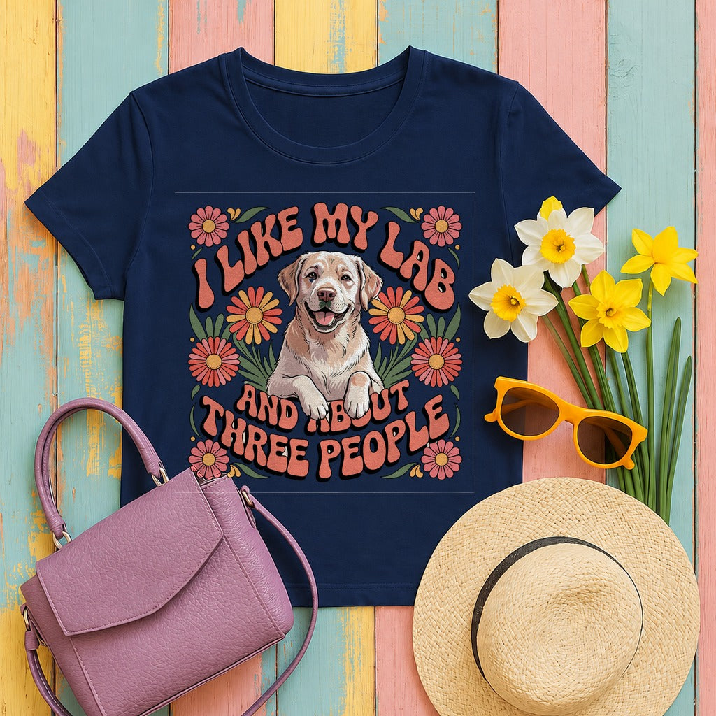 I Like My Lab And About Three People Flower Design T-Shirt in Navy