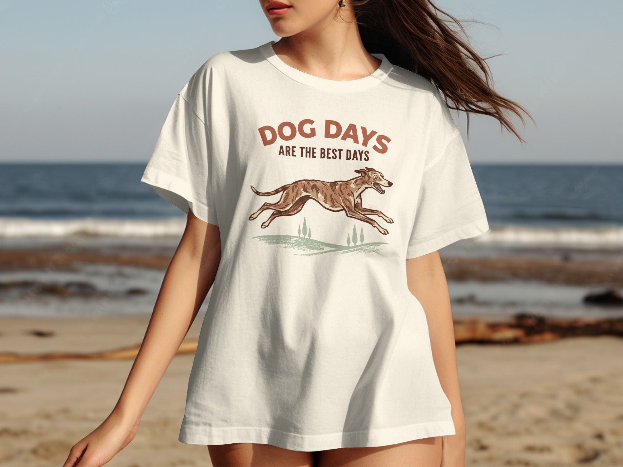 White t-shirt with a dog running and text "Dog Days Are The Best Days".