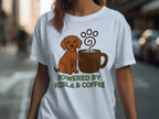 Brown dog and coffee cup with "Powered by Vizsla & Coffee" text.