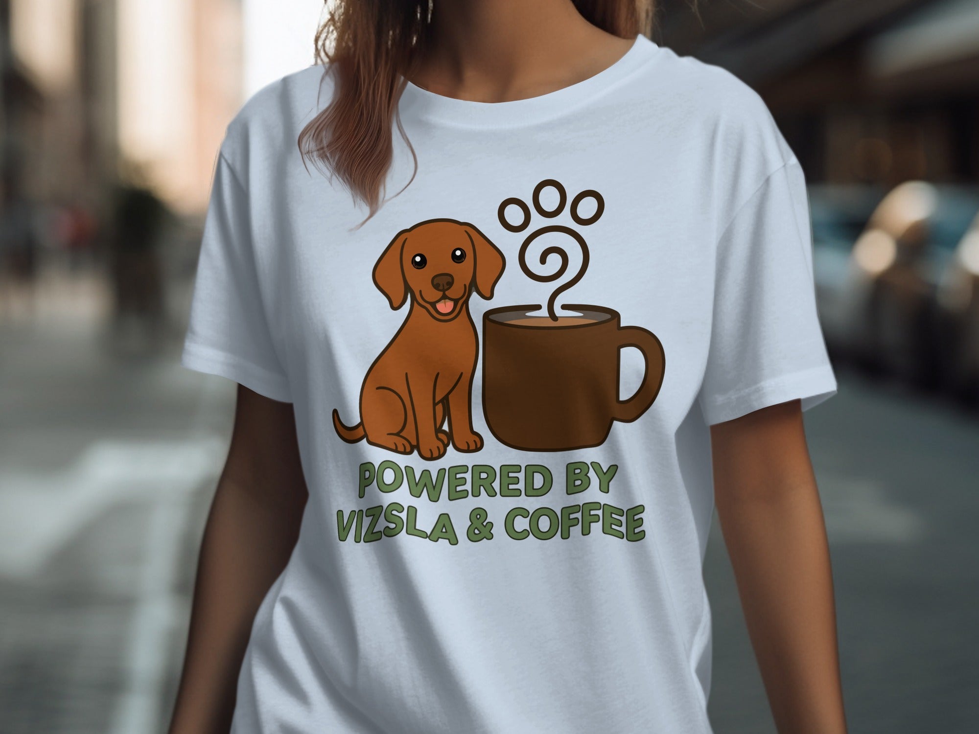 Brown dog and coffee cup with "Powered by Vizsla & Coffee" text.