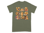 Illustration of nine golden retriever puppies interacting with books on a green t-shirt.