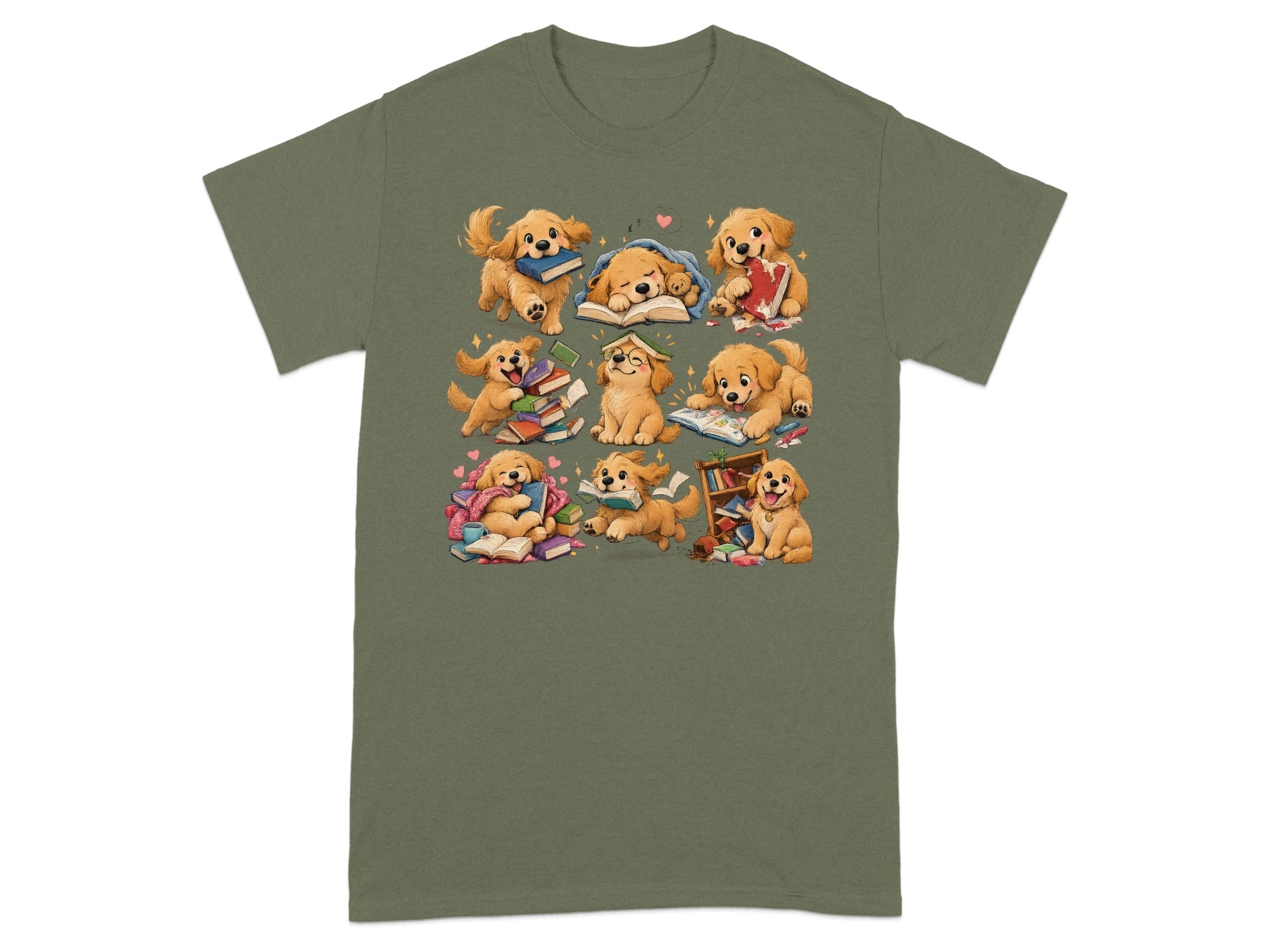 Illustration of nine golden retriever puppies interacting with books on a green t-shirt.