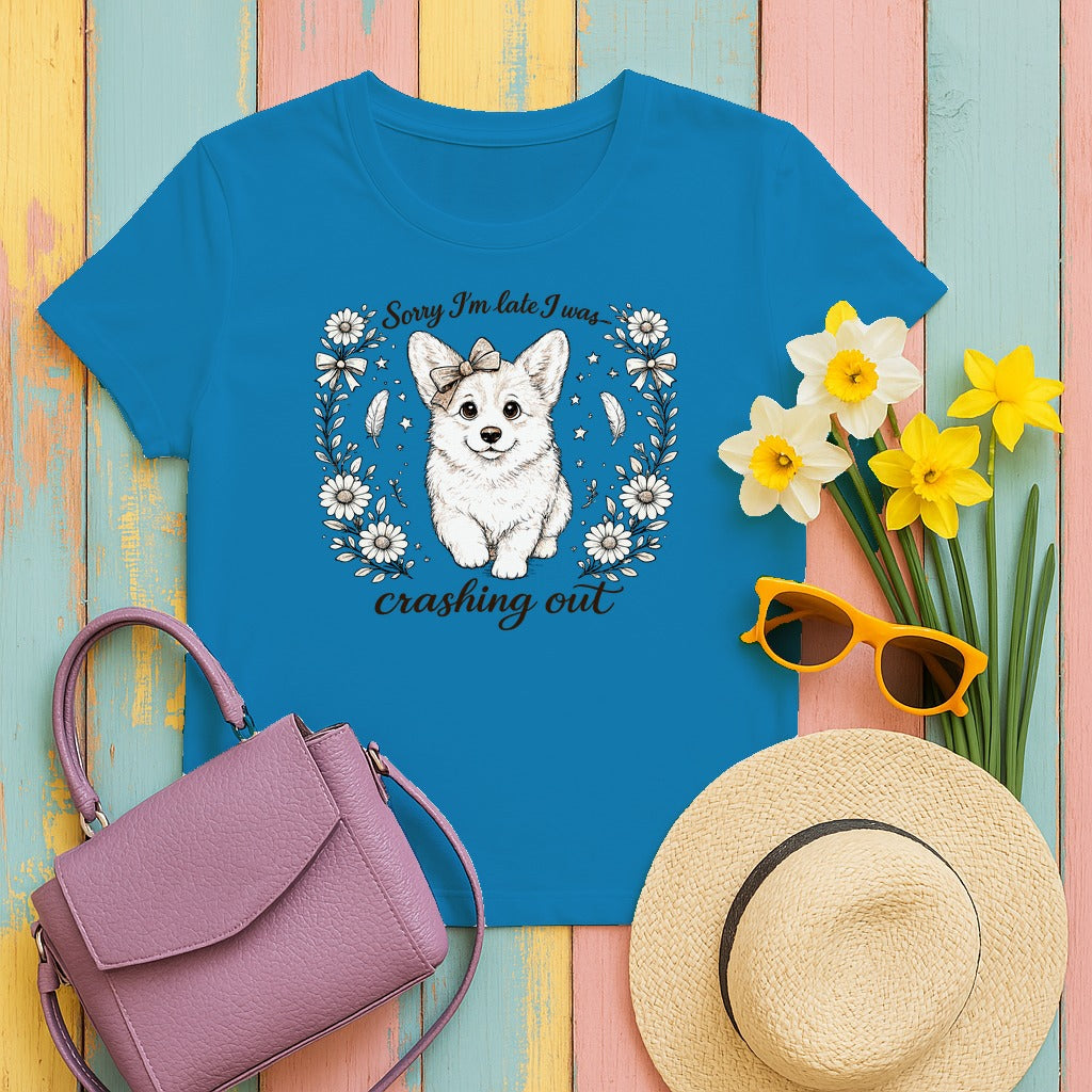Whimsical Corgi Crashing Out T-Shirt in Sapphire