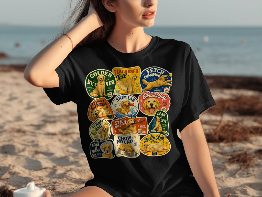 Black t-shirt with vintage-style dog treat labels featuring "Fetch Champion" and "Good Boy."