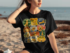 Black t-shirt with vintage-style dog treat labels featuring "Fetch Champion" and "Good Boy."