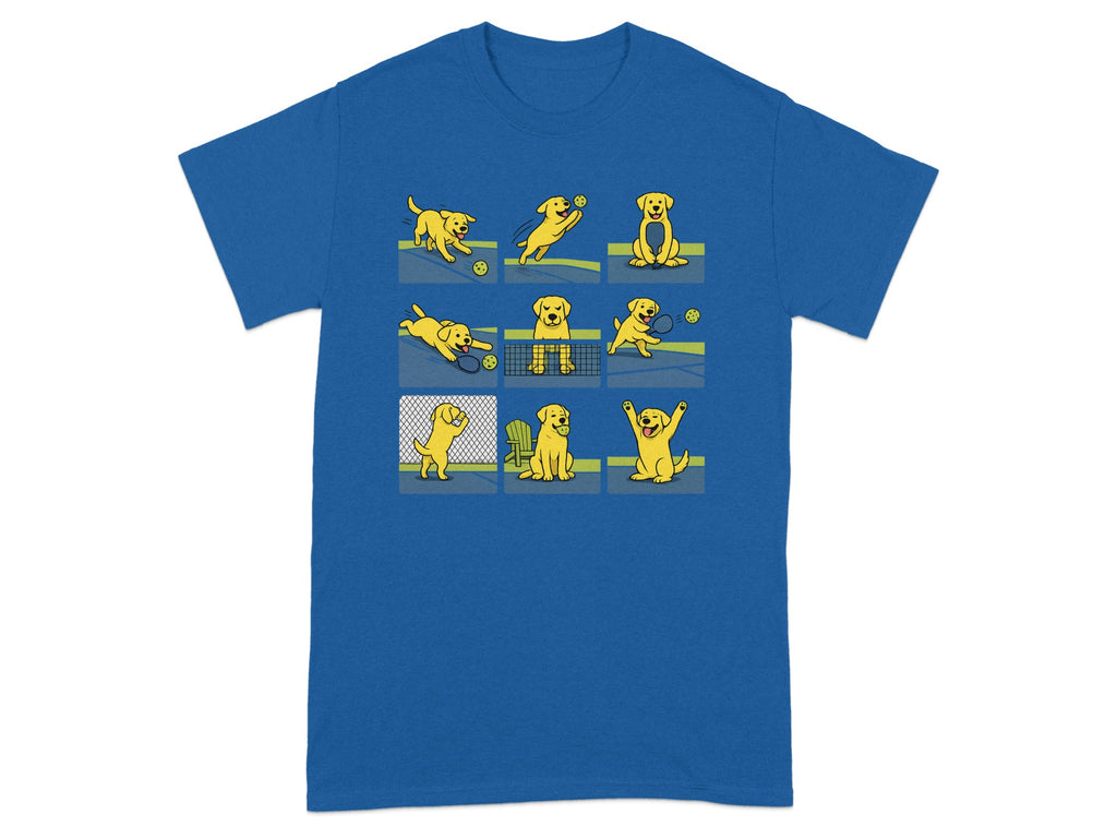 Nine panels show a yellow labrador playing tennis on a court.